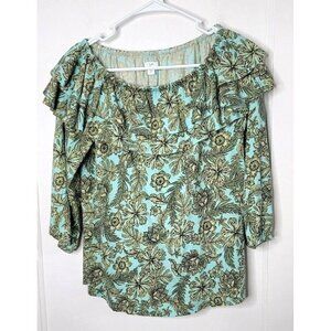 J Jill Womens sz M blue Floral 3/4 sleeve ruffles stretch shirt cotton